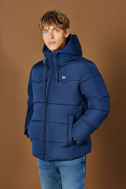 Regular Fit Нормальный Крой Капюшон Синий Пуховик-Navy - 6