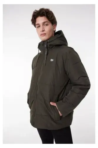 Regular Fit Нормальный Крой Капюшон Хаки Пуховик-Зеленый - 1
