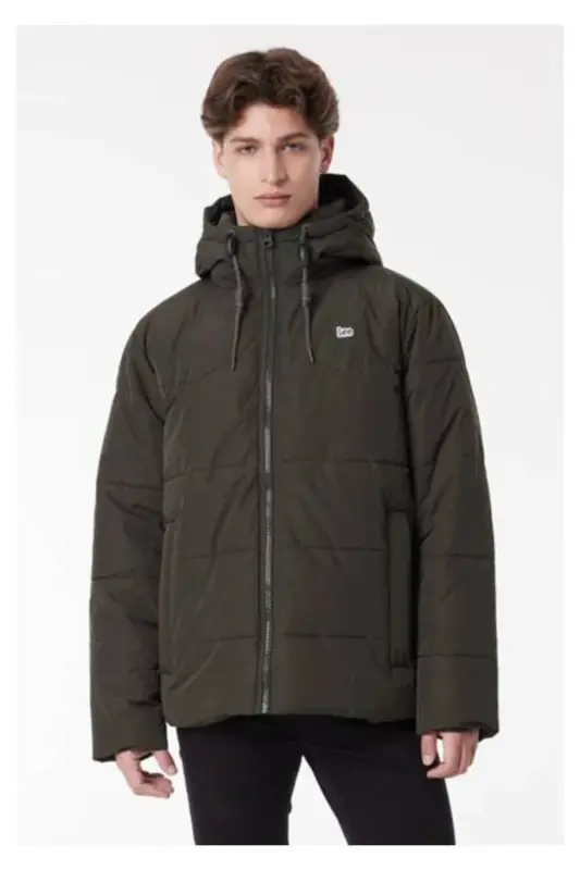 Regular Fit Нормальный Крой Капюшон Хаки Пуховик-Зеленый - 2