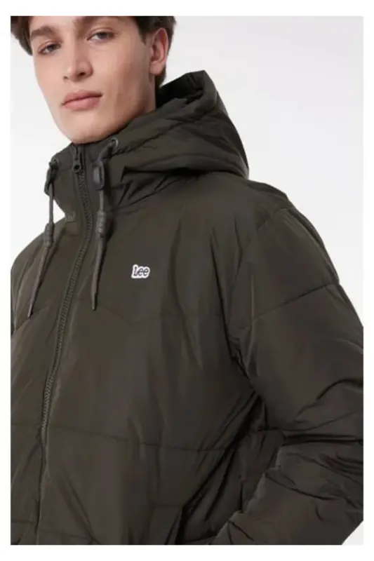 Regular Fit Нормальный Крой Капюшон Хаки Пуховик-Зеленый - 4