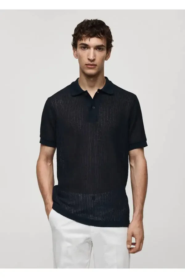 Regular fit openwork knitted polo shirt - 1
