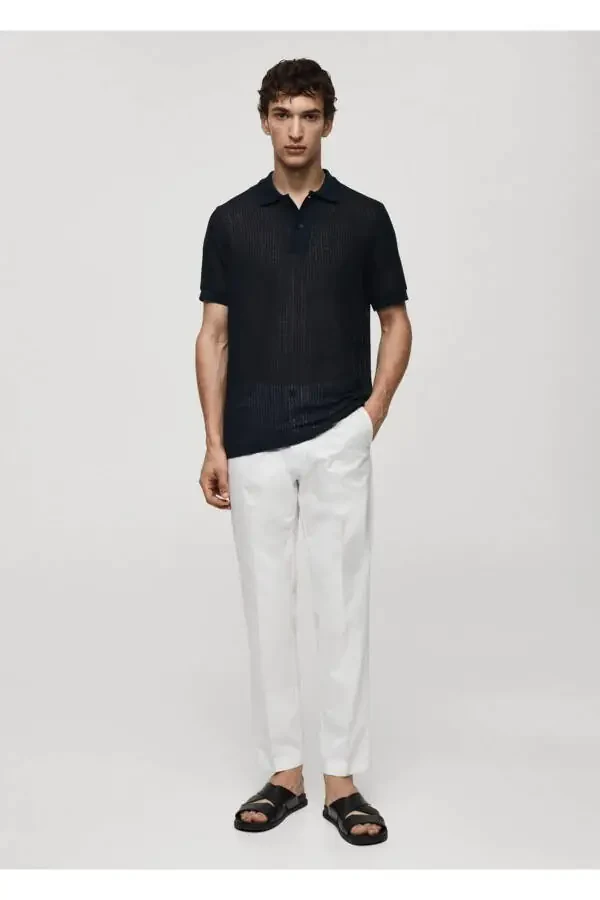 Regular fit openwork knitted polo shirt - 2