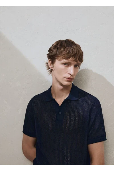 Regular fit openwork knitted polo shirt - 5