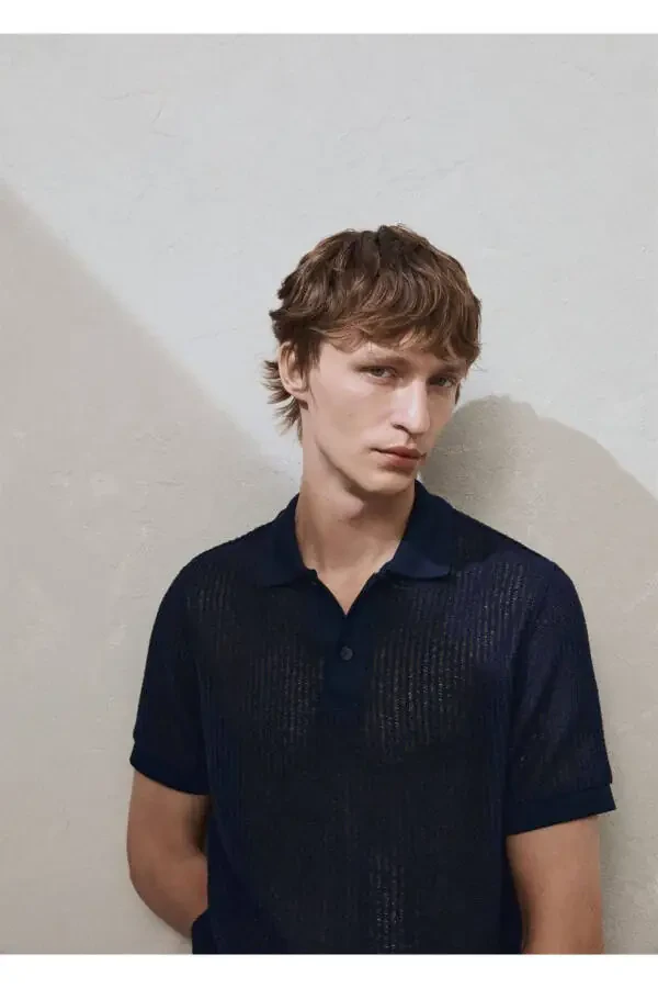 Regular fit openwork knitted polo shirt - 5