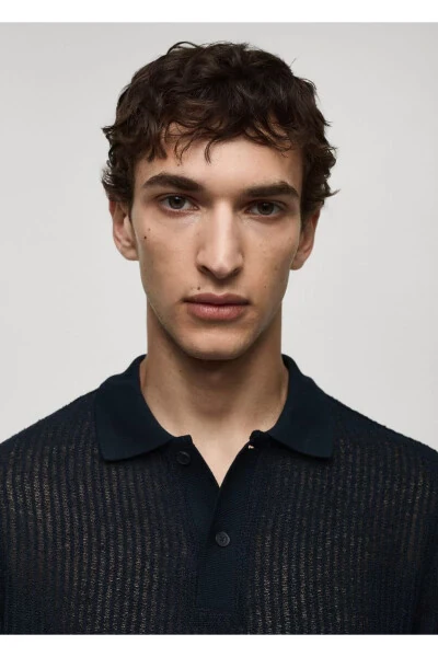 Regular fit openwork knitted polo shirt - 6