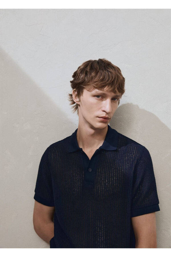 Regular fit openwork knitted polo shirt - 5