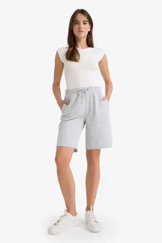 Regular Fit Oʻrta Bel Toʻgʻri Shim Ingichka Bermuda Short-Kulrang Melanj - 1