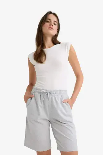 Regular Fit Oʻrta Bel Toʻgʻri Shim Ingichka Bermuda Short-Kulrang Melanj - 6