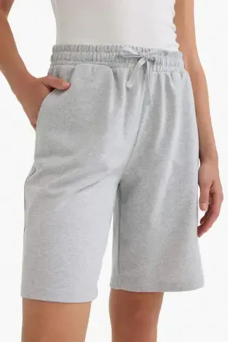 Regular Fit Oʻrta Bel Toʻgʻri Shim Ingichka Bermuda Short-Kulrang Melanj - 8