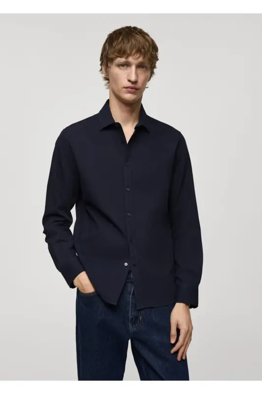 Regular Fit Patterned 100% Cotton Shirt-Navy Blue - 1