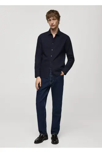 Regular Fit Patterned 100% Cotton Shirt-Navy Blue - MANGO MAN (1)