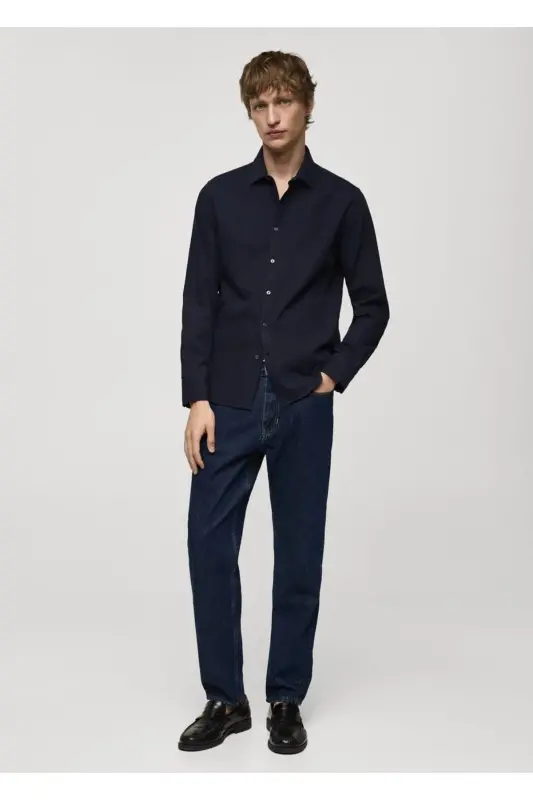 Regular Fit Patterned 100% Cotton Shirt-Navy Blue - 2