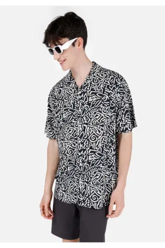 Regular fit, patterned collar, navy blue, short sleeve men's shirt - 1