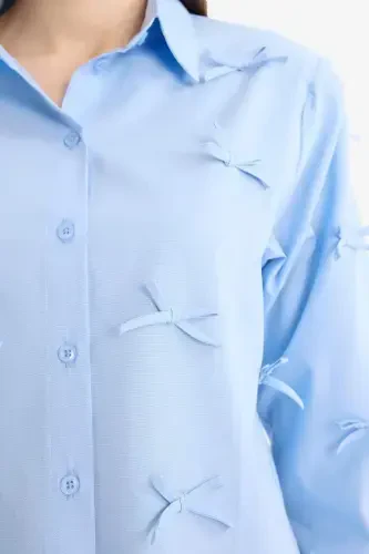 Regular Fit Patterned Poplin Long Sleeve Shirt Tunic-Blue - 5