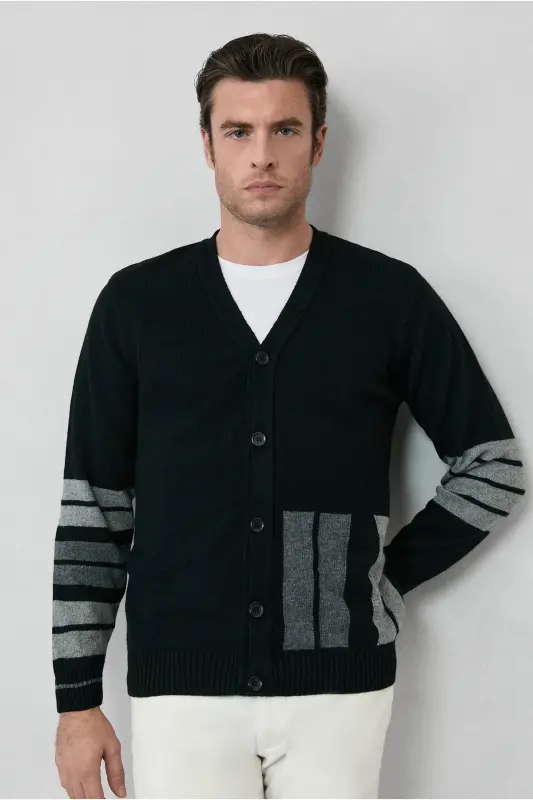 Regular Fit Patterned Wool Cotton Knit Cardigan - KIĞILI