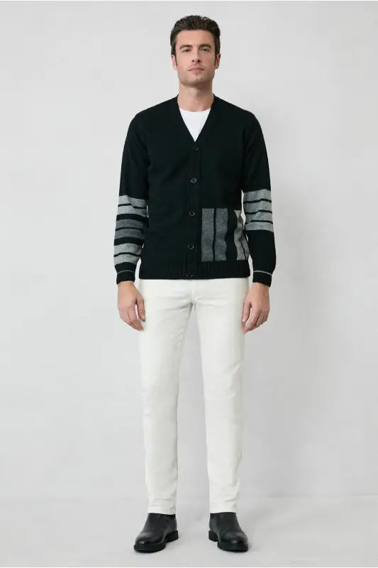 Regular Fit Patterned Wool Cotton Knit Cardigan - 5