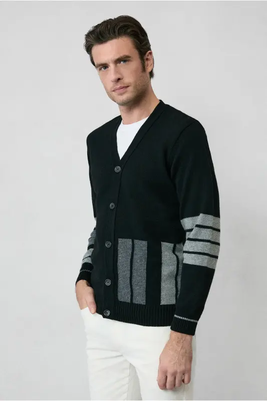 Regular Fit Patterned Wool Cotton Knit Cardigan - 4