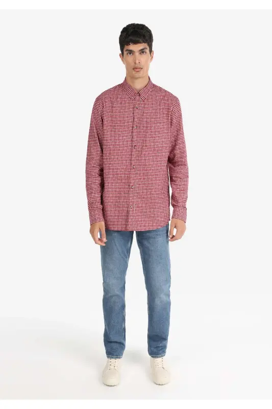 Regular Fit Plaid Burgundy Men's Long Sleeve Shirt - 3