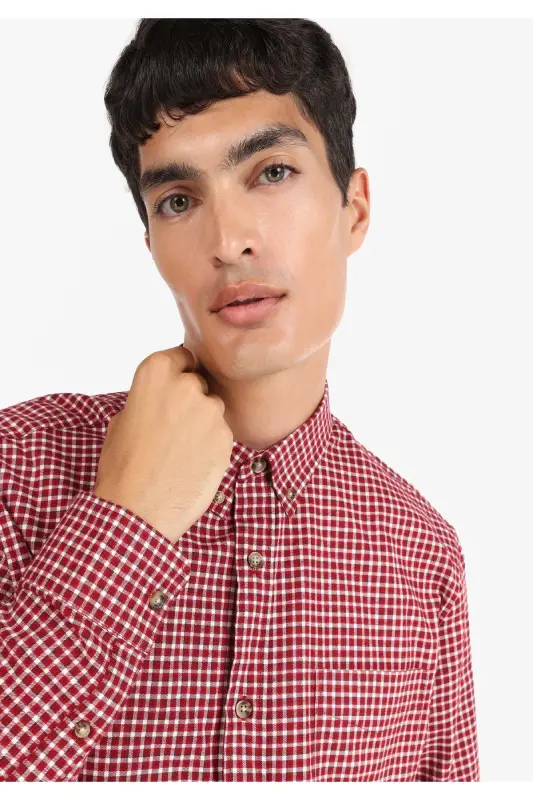 Regular Fit Plaid Burgundy Men's Long Sleeve Shirt - 4