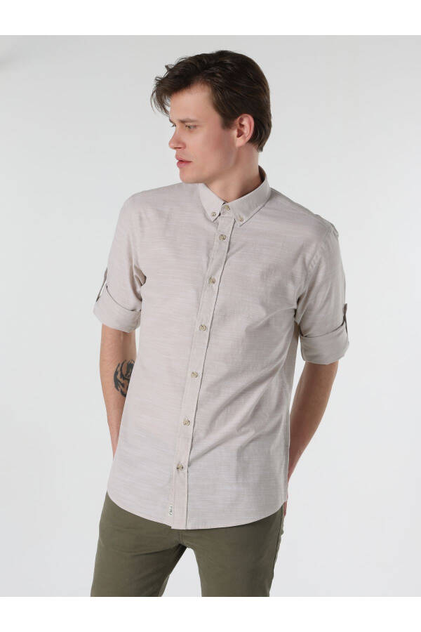 Regular Fit Plain Beige Men's Long Sleeve Shirt (Cl1058567) - 3