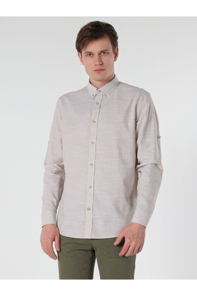 Regular Fit Plain Beige Men's Long Sleeve Shirt (Cl1058567) - 4