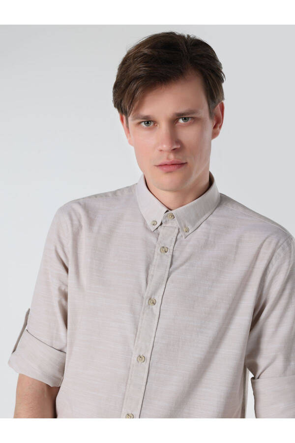 Regular Fit Plain Beige Men's Long Sleeve Shirt (Cl1058567) - 5