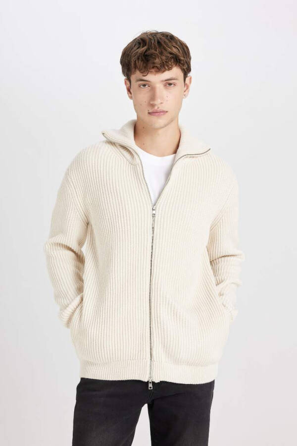 Regular Fit Plain Hooded Zip-Up Cardigan Ecru - 1