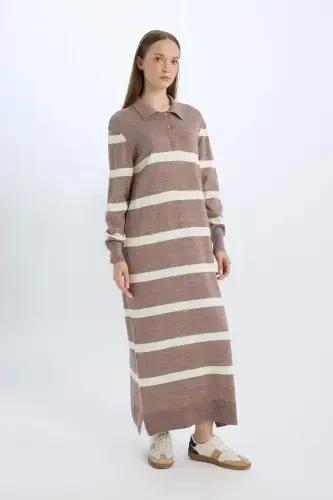 Regular Fit Polo Collar Buttoned Striped Long Sleeve Maxi Dress-Sand - DEFACTO (1)