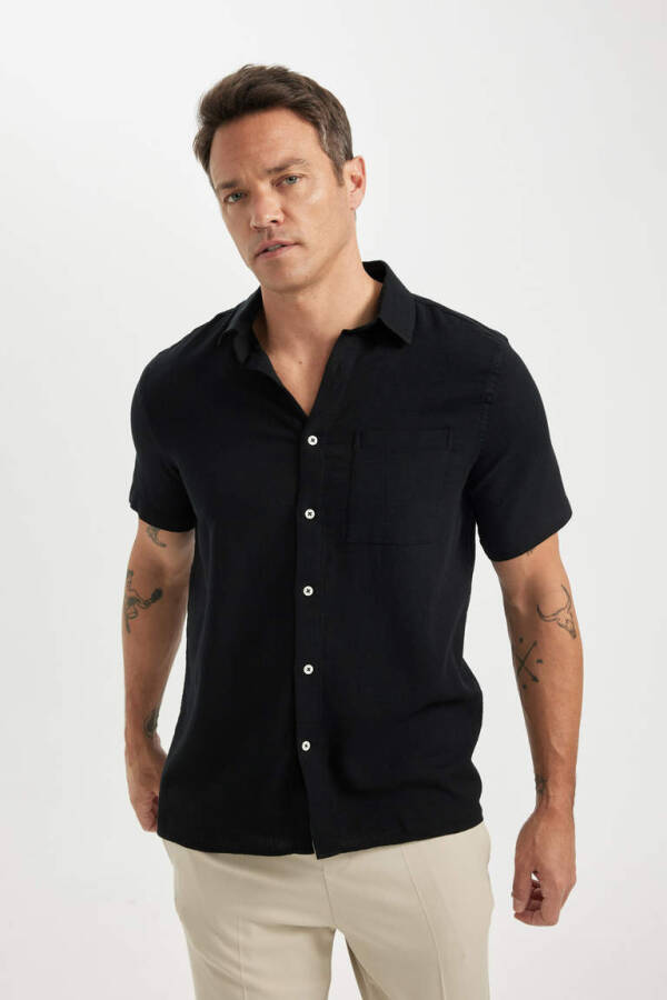 Regular Fit Polo Collar Cotton Short Sleeve Shirt Black - 1