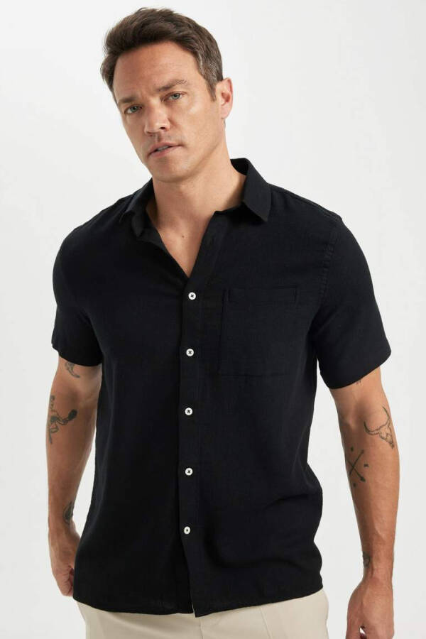 Regular Fit Polo Collar Cotton Short Sleeve Shirt Black - 4