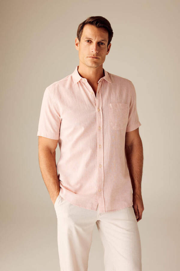 Regular Fit Polo Collar Linen Blend Short Sleeve Shirt Dusty Rose - 1