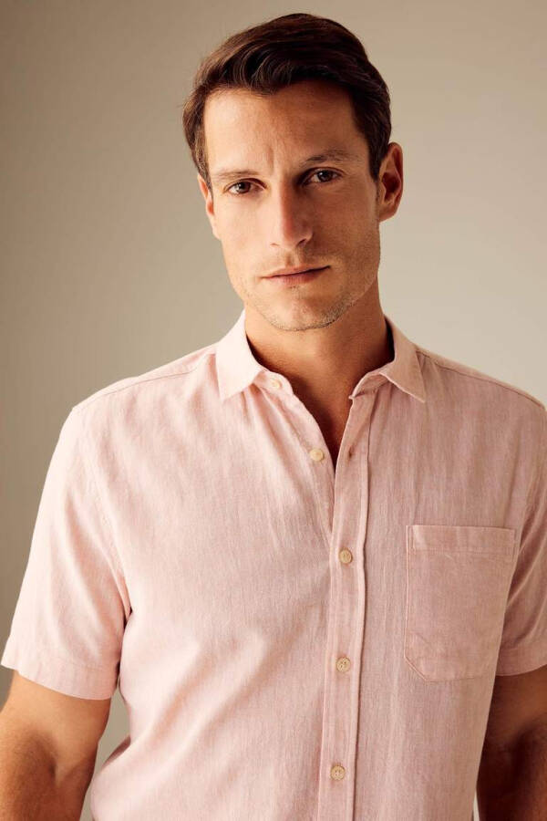 Regular Fit Polo Collar Linen Blend Short Sleeve Shirt Dusty Rose - 4