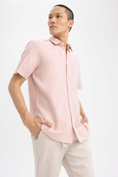 Regular Fit Polo Collar Linen Blend Short Sleeve Shirt Dusty Rose - 3