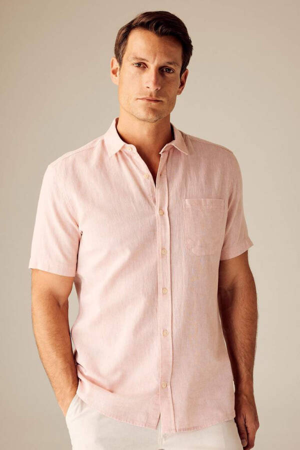 Regular Fit Polo Collar Linen Blend Short Sleeve Shirt Dusty Rose - 4