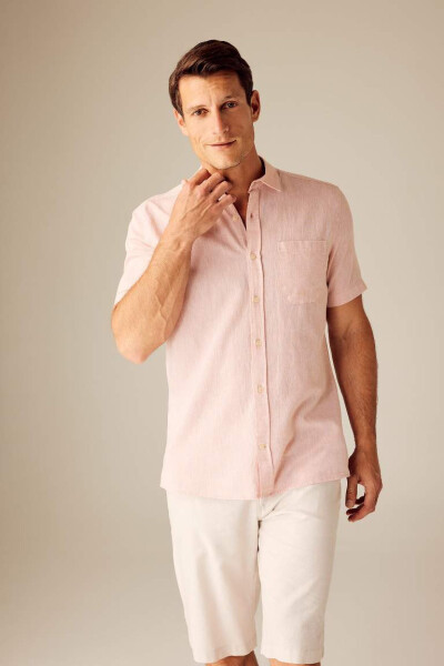 Regular Fit Polo Collar Linen Blend Short Sleeve Shirt Dusty Rose - 5