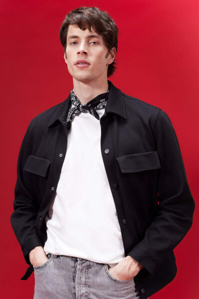 Regular Fit Polo Collar Shirt Jacket Black - 1