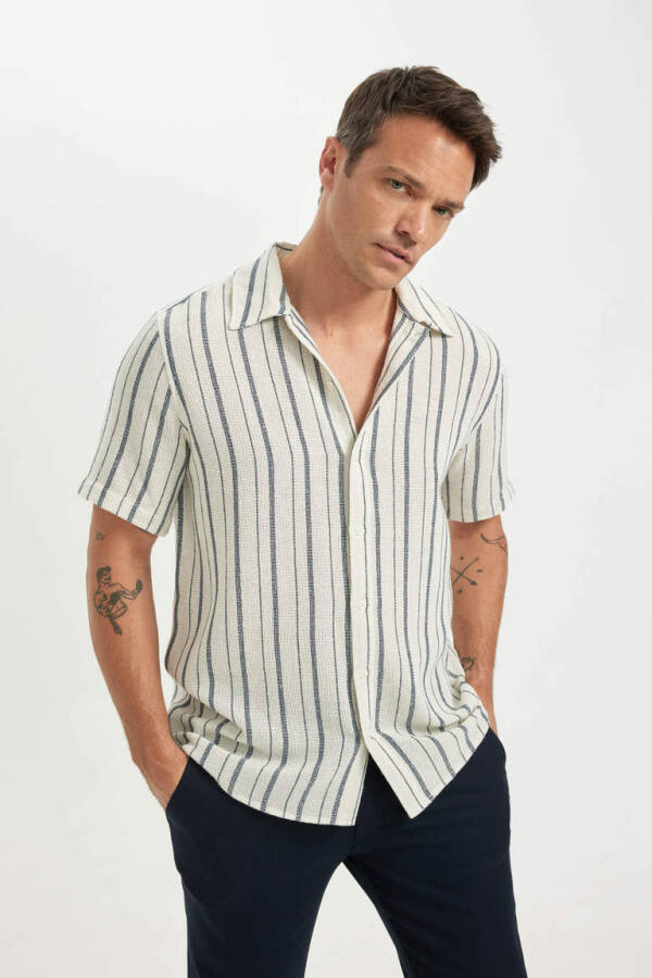 Regular Fit Polo Collar Striped Cotton Short Sleeve Shirt Light Stone - 1