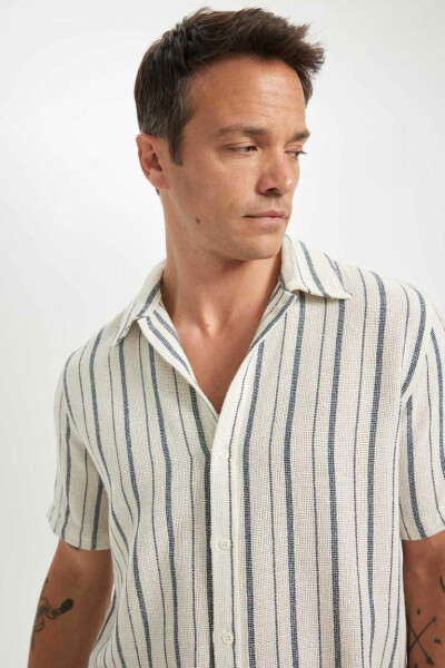 Regular Fit Polo Collar Striped Cotton Short Sleeve Shirt Light Stone - 3