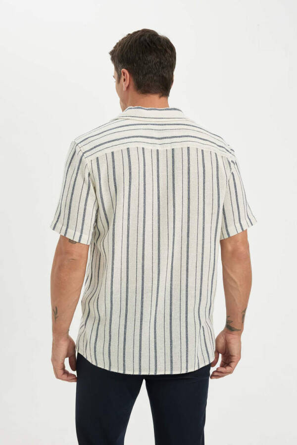 Regular Fit Polo Collar Striped Cotton Short Sleeve Shirt Light Stone - 4