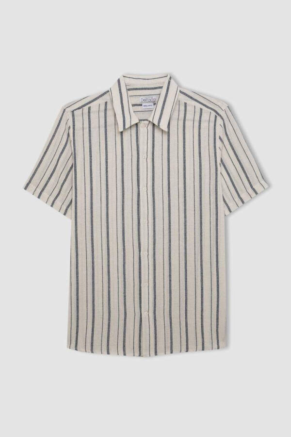 Regular Fit Polo Collar Striped Cotton Short Sleeve Shirt Light Stone - 5