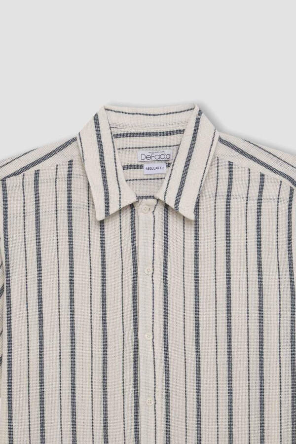 Regular Fit Polo Collar Striped Cotton Short Sleeve Shirt Light Stone - 6