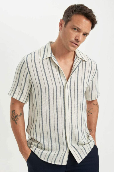 Regular Fit Polo Collar Striped Cotton Short Sleeve Shirt Light Stone - 7