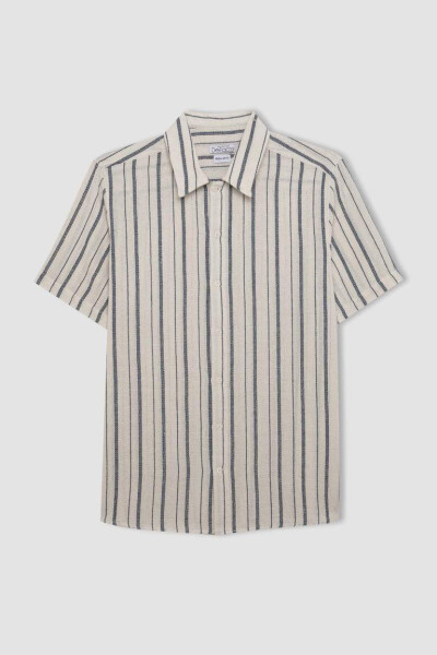 Regular Fit Polo Collar Striped Cotton Short Sleeve Shirt Light Stone - 9