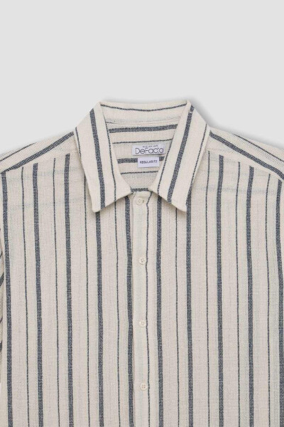 Regular Fit Polo Collar Striped Cotton Short Sleeve Shirt Light Stone - 10