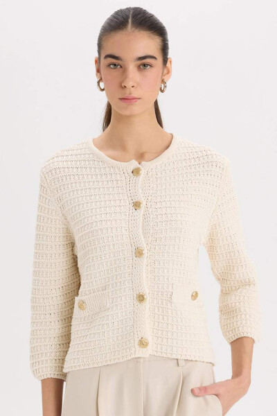 Regular Fit Polo Neck Textured Buttoned Knitted Cardigan Ecru - 1