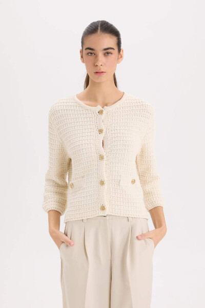 Regular Fit Polo Neck Textured Buttoned Knitted Cardigan Ecru - 3