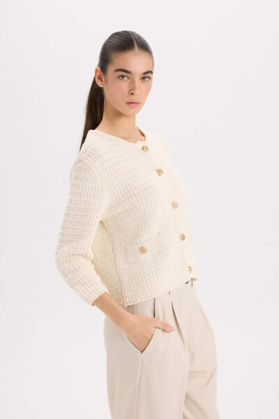 Regular Fit Polo Neck Textured Buttoned Knitted Cardigan Ecru - 4