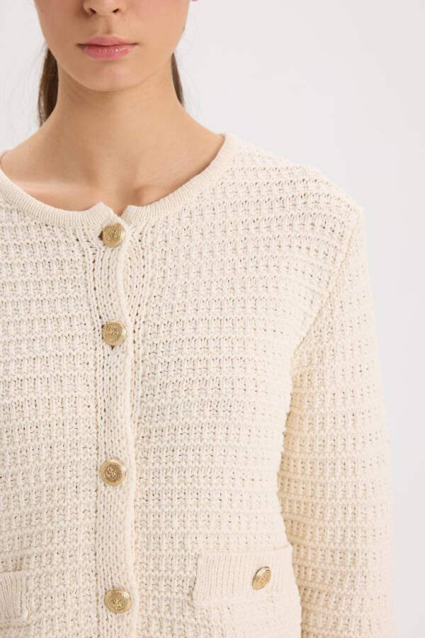 Regular Fit Polo Neck Textured Buttoned Knitted Cardigan Ecru - 5