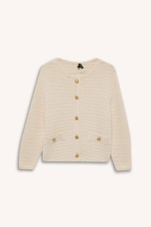 Regular Fit Polo Neck Textured Buttoned Knitted Cardigan Ecru - 7