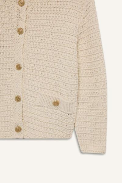 Regular Fit Polo Neck Textured Buttoned Knitted Cardigan Ecru - 8